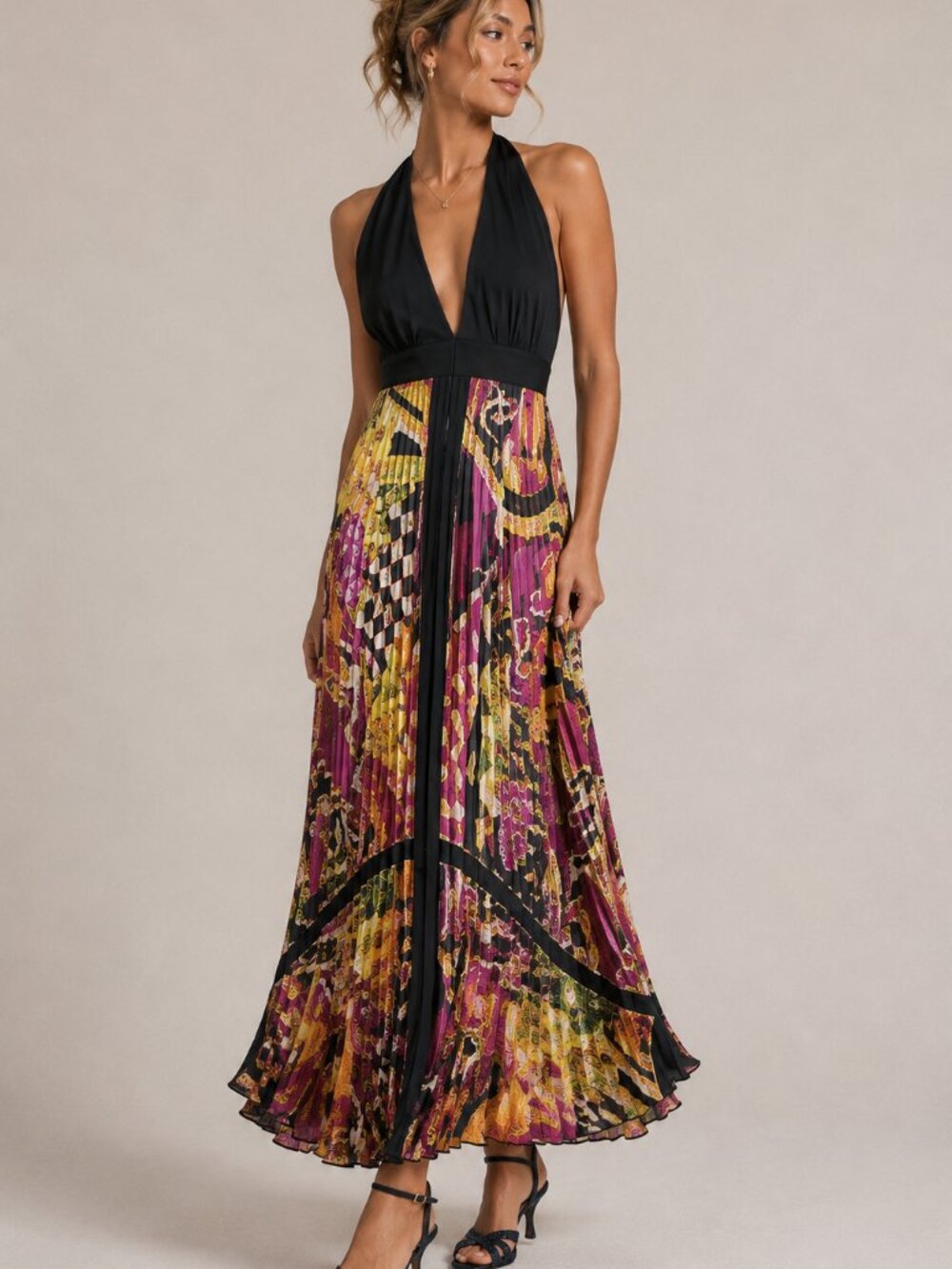 Cache Vintage Y2K Halter Maxi Dress Womens 2 Silk Pleated Mixed Print Rivera